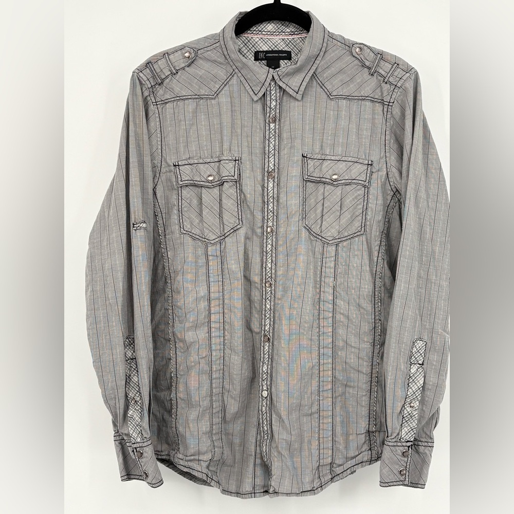 INTERNATIONAL CONCEPTS Shirt Gray Pearl Snap Button- Up 100% Cotton Mens Medium